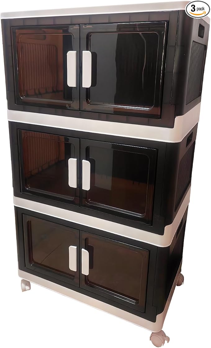 Dark brown 48 Gallons Storage Bins with Lids - Folding Storage box with Doors and Wheels, Collapsible Plastic Storage Bins for Closets, Stackable Storage Organizer (Large-3Tier Dark brown)