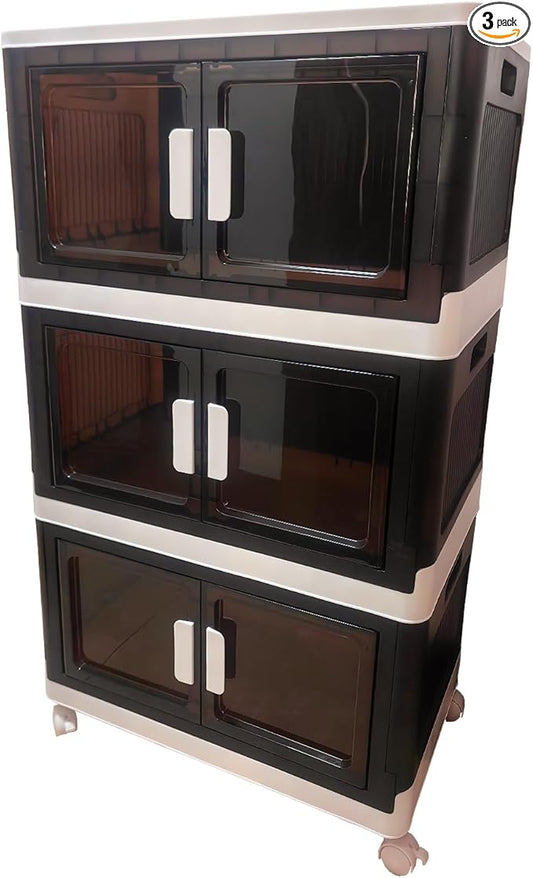 Dark brown 48 Gallons Storage Bins with Lids - Folding Storage box with Doors and Wheels, Collapsible Plastic Storage Bins for Closets, Stackable Storage Organizer (Large-3Tier Dark brown)