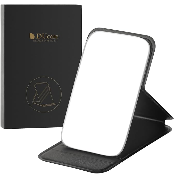 DUcare Mini Folding Mirror Portable Travel PU Portable Adjustable Rectangular Ultrathin Vanity Mirror with Stand, for Travel, Camping,Home