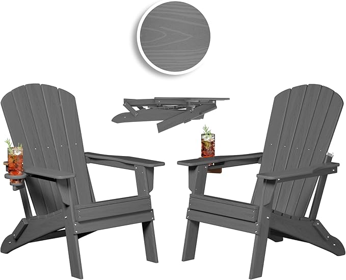 Folding Adirondack Chair, SGS Tested, Wooden Textured with Cup Holder, Heavy All-Weather HDPE Comfortable Set Poolside Backyard Lawn Grey Set 2