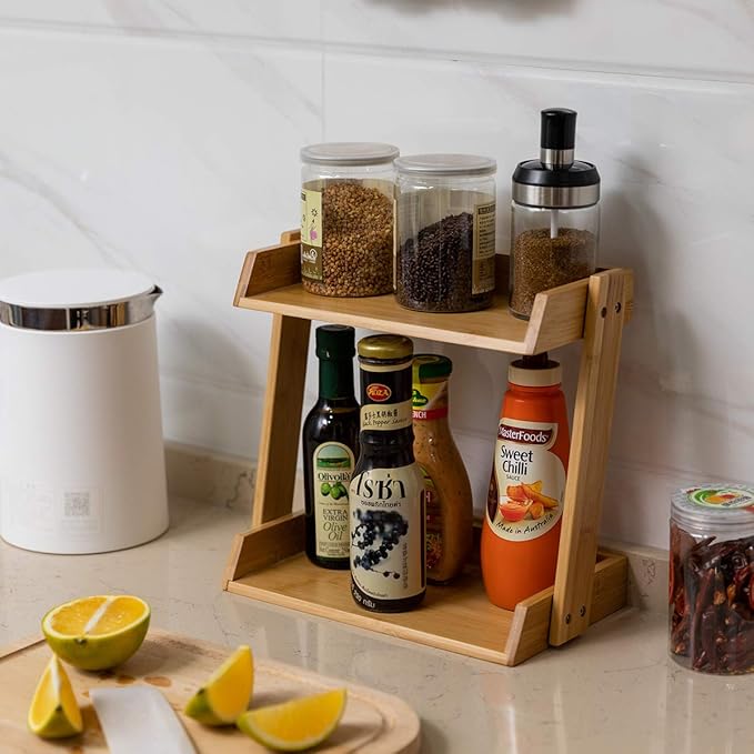 GOBAM Cabinet Shelf Organizers, Kitchen Countertop Organizer 2-Tier Cupboard Stand Spice Rack, Bamboo