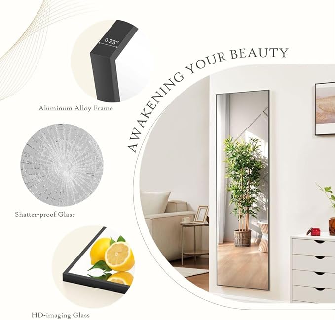 Full Length Floor Mirror, 64"x 21" With Aluminum Alloy Thin Frame - Hanging or Leaning for Wall, Bedroom, Dressing, Home Decor - Black