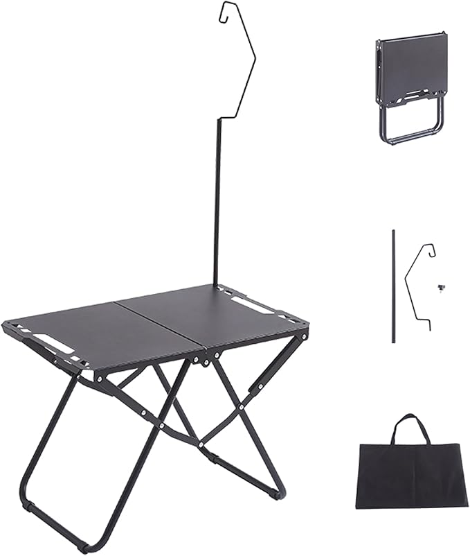 Folding Camping Table with Lantern Pole, Carbon Steel, Portable Outdoor Table for BBQ, Fishing, Hiking, Picnic