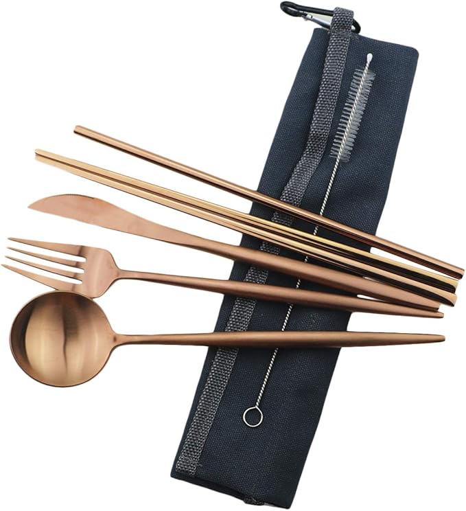 Gugrida Reusable Travel Utensils, 7 Piece Portable 304 Stainless Steel including Knife Fork Spoon Chopsticks Cleaning Brush Straws Portable Pouch, Eco-friendly Camping Silverware Set, Dishwasher Safe