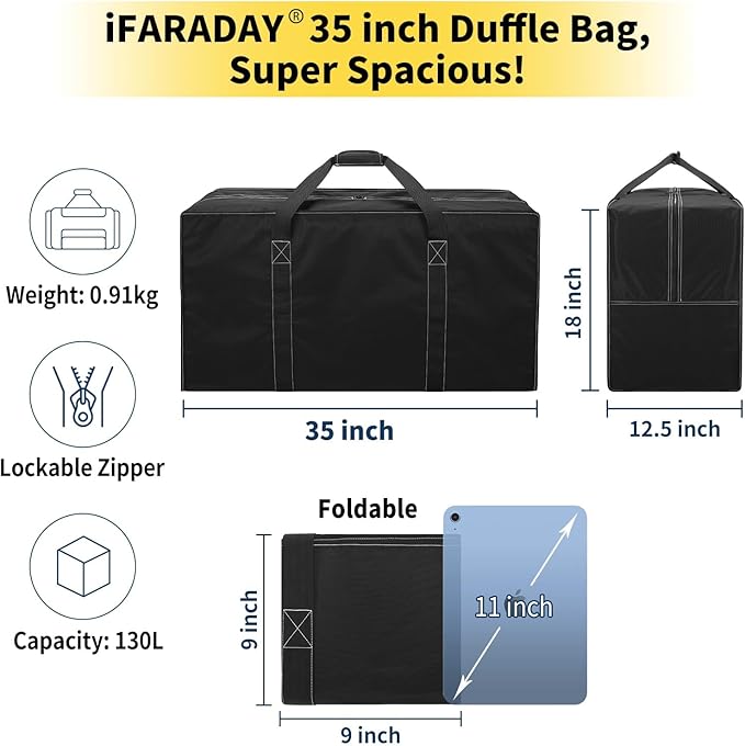 130L Extra Large Duffle Bag - 35 inch Heavy Duty & Water Resistant Duffel Bag Durable Luggage Storage Bag for Camping, Travel, Sports (Black)
