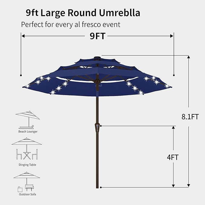 Kingdura 9ft 3-Tier Patio Umbrella with Solar Lights, Table Umbrella Outdoor Patio with Easy Crank & Tilt, 8 Sturdy Ribs, UV Protection, 32 LED Lights for Deck, Poolside, Market (Navy blue)