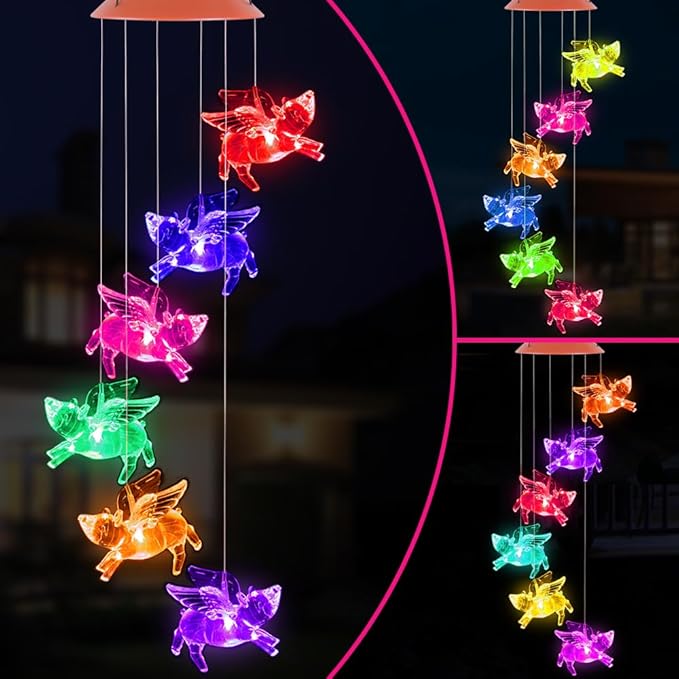 ME9UE Solar Fly Pigs Wind Chimes, Outdoor Waterproof Mobile Romantic LED Multi Color-Changing Solar Sensor Powered Lights for Home, Yard, Night Garden, Party, Valentines Gift, Festival Decor