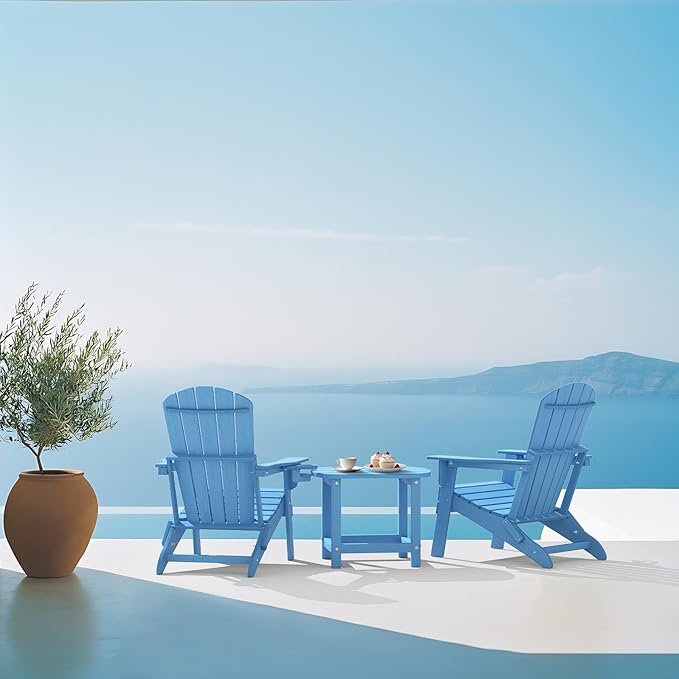 Folding Adirondack Chair Set of 4 with Cup Holder, SGS Tested, HDPE Heavy All-Weather,Wooden Textured,Backyard Fire Pit, Light Blue