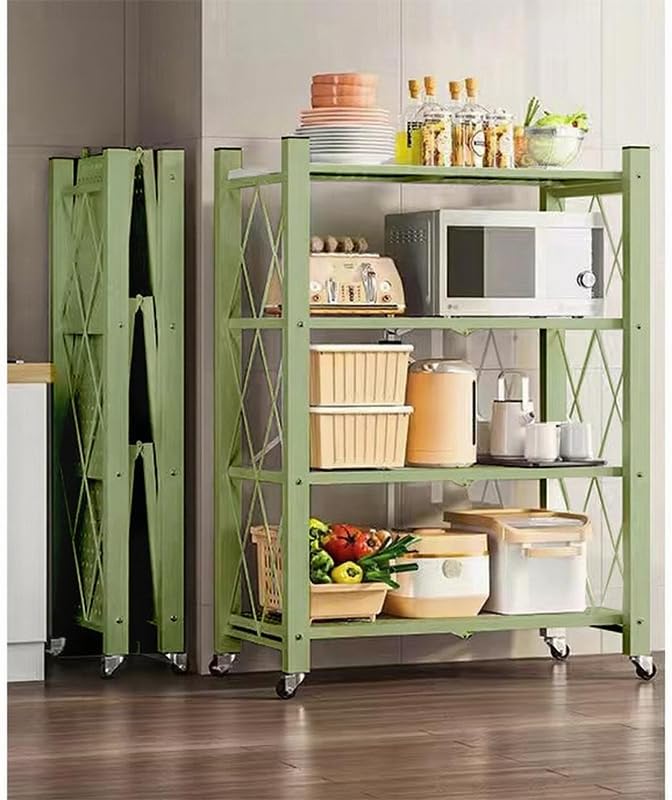 4-Tire Storage Rack, 28 * 13 * 50in Foldable Metal Garage Storage Shelves Organizer, Portable Metal Kitchen Shelving, Closet Shelving Unit Bakers Rack Microwave Stand, Green(Tiered Shelf-4)