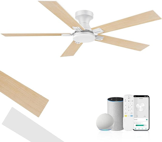 cumilo 52 inch Smart Low Profile Ceiling Fan with Lights Remote,Quite DC Motor,WIFI Voice Control via Alexa,Flush Mount Outdoor Indoor for Bedroom Living Room Patio Porch,5 Blades in White&Light Wood