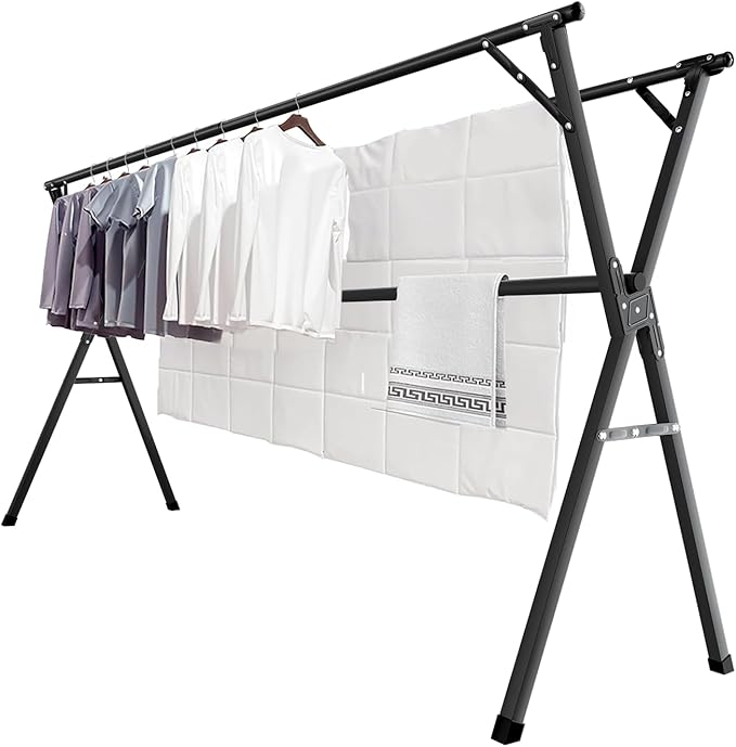 JAUREE 95 Inches Clothes Drying Rack, Drying Rack Clothing Folding Indoor Outdoor, Heavy Duty Stainless Steel Laundry Drying Rack, Foldable Portable Clothes Rack Garment Rack with 20 Hooks Black