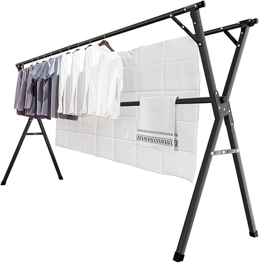 JAUREE 95 Inches Clothes Drying Rack, Drying Rack Clothing Folding Indoor Outdoor, Heavy Duty Stainless Steel Laundry Drying Rack, Foldable Portable Clothes Rack Garment Rack with 20 Hooks Black