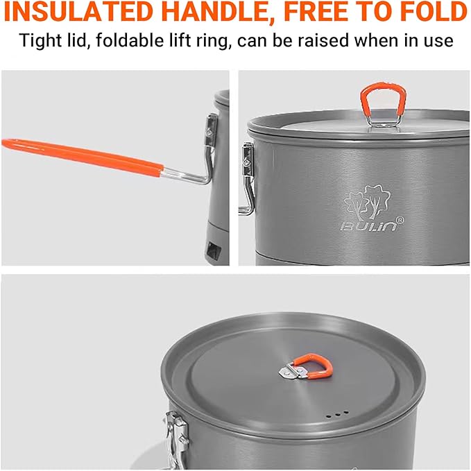 Bulin Camping Pot, 2.1L High Efficiency Backpacking Pot Ultralight Camping Cooking Set Cookware Gear with Heat-Proof Handle & Heat Exchanger for Outdoor Picnic Hiking Travel