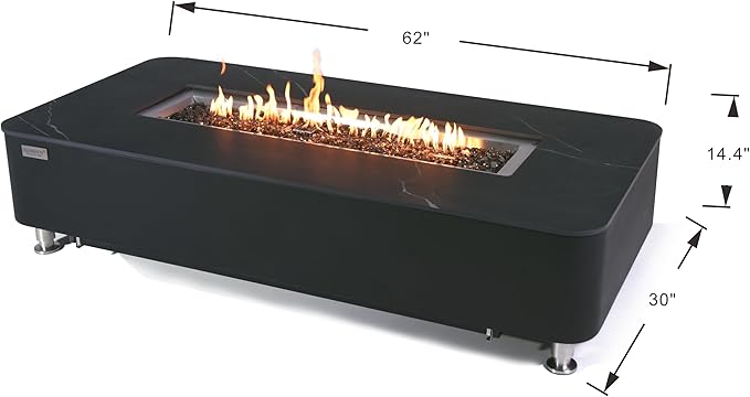 Elementi+ | Bundle Valencia Gas Fire Pit | Concrete Body & Marble Porcelain Top | 62" Rectangular Fire Table | Electronic Ignition | Canvas Cover, Fire Glass, Burner Lid & More | Black | Propane Gas