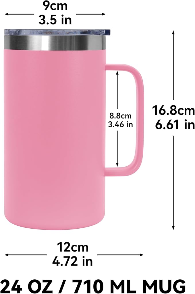 DOMICARE 24oz Mug with Handle and Lid, Stainless Steel Coffee Mug, Travel Mug with Handle, Double Wall Vacuum Coffee Tumbler, Reusable Insulated Cup, Pink, Pack 4