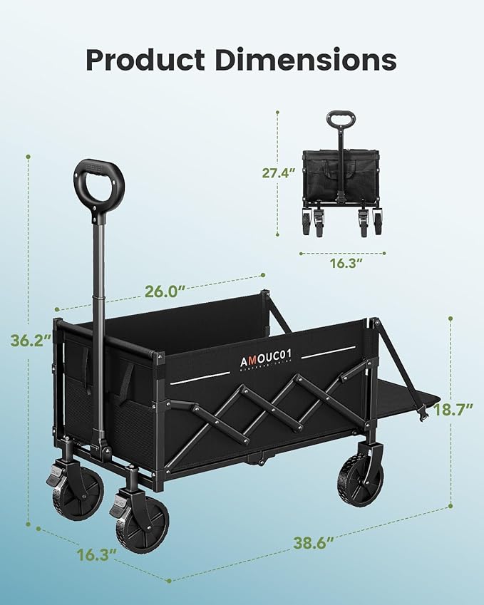 AMADA HOMEFURNISHING Wagon Cart Foldable, Collapsible Wagon Cart with 360 LBS Max Load & Expandable Storage, 90L Foldable Grocery Cart with 2 Cup Holders for Outdoor, Groceries, Garden & Camping