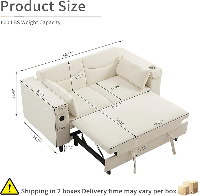 66" Multi-Functional Pull-Out Sofa Bed with Hidden Side Table, Storage Armrests, Built-in Charging Port, Spring Mattress, Solid Wood Frame – Ideal for Small Spaces, Easy Assembly