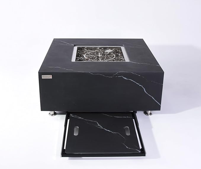 Elementi+ | Bundle Sofia Gas Fire Pit | Marble Porcelain & Metal Frame | 40" Square Fire Table | Electronic Ignition | Canvas Cover, Fire Glass & Burner Lid Included | Black | Propane Gas