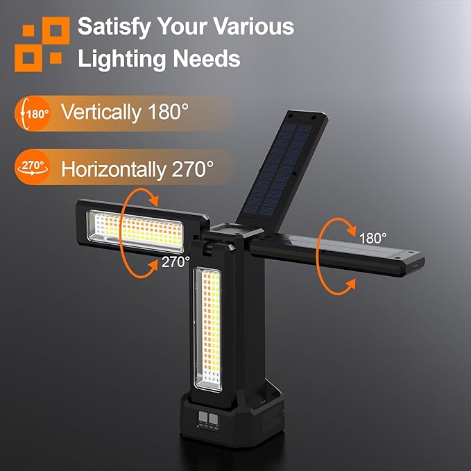 13200mAh Rechargeable Solar Work Light with Folding Stand and Carrying Bag, AODOO 8000 Lumen Stepless Dimmable, White/Warm/Nature White/RED(SOS) with Detachable Tripod (Black) (Black(no Tripod))