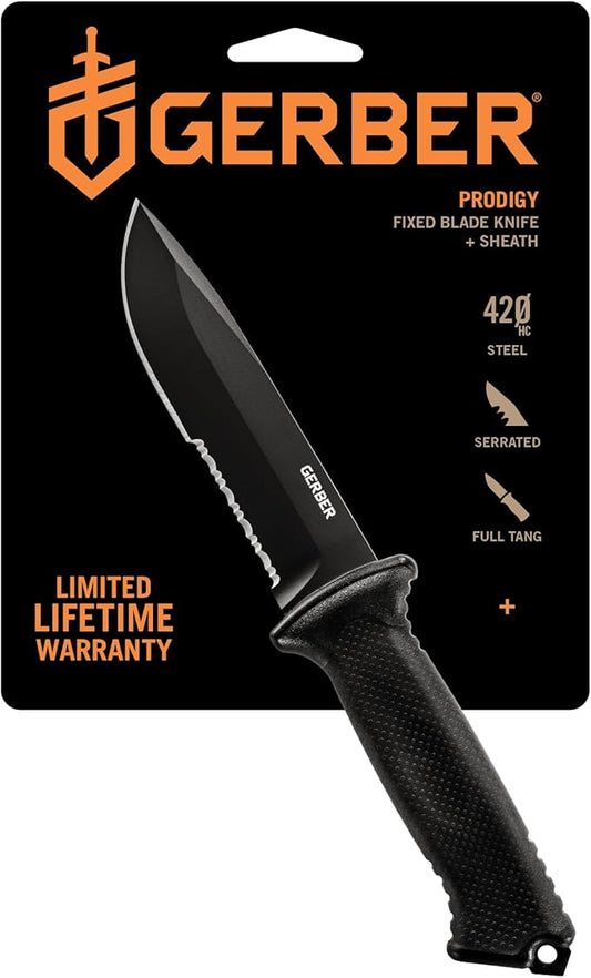 Gerber Gear Prodigy Fixed Blade Survival Tactical Knife - Made in USA Full Tang, Serrated Edge Knife - American High Carbon Steel Blade - Molded Soft-Grip - with Protective MOLLE Sheath - Black