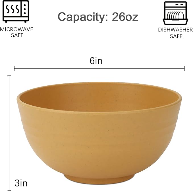 Homienly Cereal Bowl Set, Wheat Straw Bowls Set of 8, Alternative to Plastic Bowls Reusable, Unbreakable Lightweight Bowl for Kitchen, Outdoor, Party, Micriwave Safe Cereal Bowl (Yellow, 26 OZ)