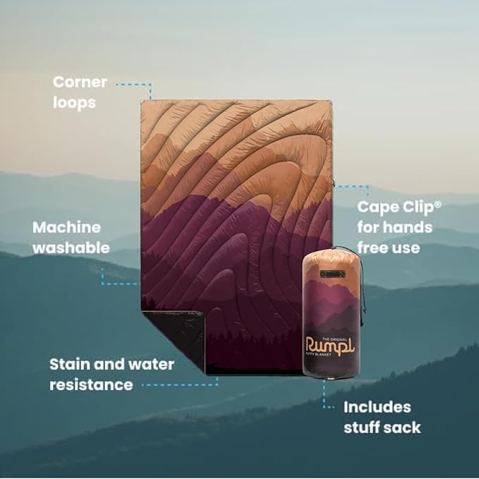 Rumpl Original Puffy Blanket - Warm, Water-Resistant Camping Blanket with 100% Recycled Synthetic Insulation, 52"x75", Original Puffy V1, Teton Fade