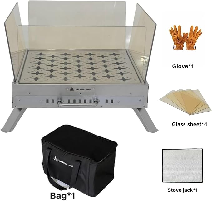 Outdoor Wood Burning Fire Pit Table with Glass Wind Guard and Portable Stainless Steel Wood Stove for Camping Hot Tent Shelter, Patio Backyard Garden Deck Camping