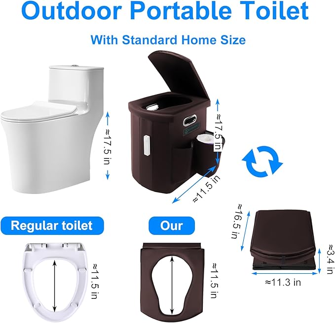 Upgrade XXL Portable Toilet Camping for Adults,17.5" Foldable Camping Toilet Portable, Portative Travel Toilet with Night Sensor Light,Aroma Patch,Handbag for Hiking, Car, Boat, Tent (Brown)