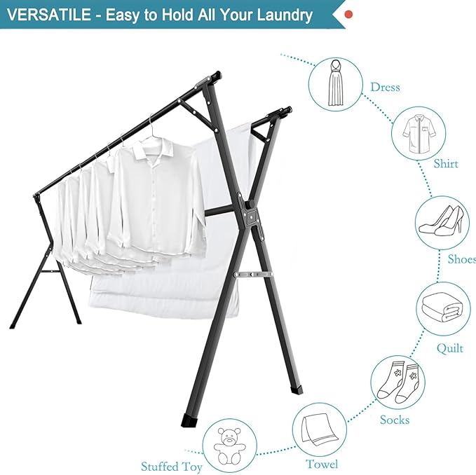 JAUREE 95 Inches Clothes Drying Rack, Drying Rack Clothing Folding Indoor Outdoor, Heavy Duty Stainless Steel Laundry Drying Rack, Foldable Portable Clothes Rack Garment Rack with 20 Hooks Black