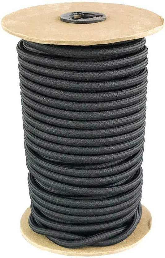 Elastic Bungee Cord. 3/16", 3/8", 1/4", 5/16", 1/8". 50 and 100 Foot Spools. Weather and Abrasion Resistant. Used for Tie Downs, Crafting, DIY Projects. Black Shock Cord. Made in the USA