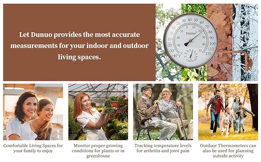 4" Brass Outdoor Thermometer, Indoor Thermometer for Room – Analog Wall-Mount Temperature Gauge with Humidity – Decorative for Patio, Garage, House, Greenhouse, Window, Antique Bronze