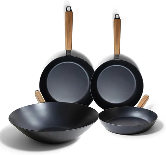 Alva Forest 4 Piece Seasoned Blue High Carbon Steel Pan Set Natural Nonstick Frying Pans Non Toxic PFAS PFOA PTFE Free Carbon Steel Frying Pans & Nonstick Wok Pan Safe for All Stovetops & BBQ