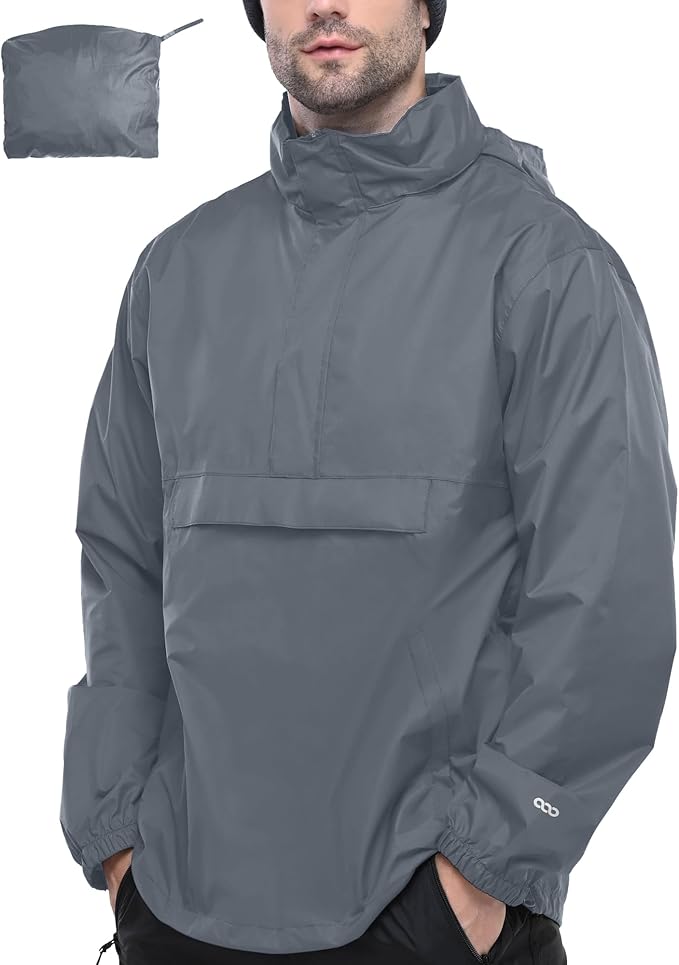 33,000ft Men's Pullover Rain Jacket Waterproof with Hood Lightweight Packable Raincoat Windbreaker for Golf Travel