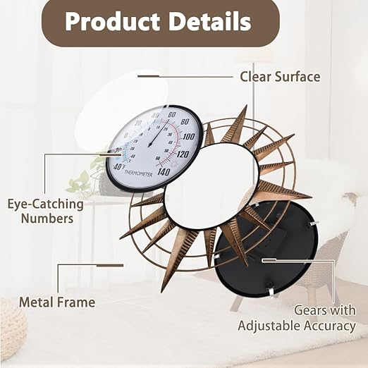 14'' Sun Outdoor Thermometer, Metal Wall-Mounted Thermometer No Need Battery, Indoor Decor for Patio Garden Living Room