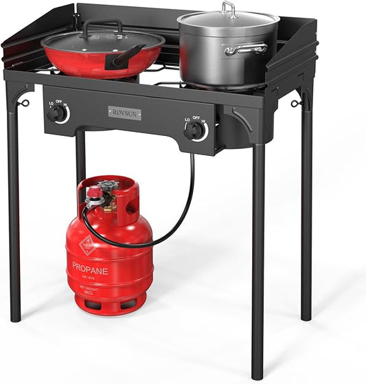 ROVSUN 2 Burner Outdoor Camping Stove with Wind Panel, 150,000 BTU Propane Burner, Gas Cooker with Detachable Legs & CSA Regulator for Home Camp Paito Cooking Frying Canning