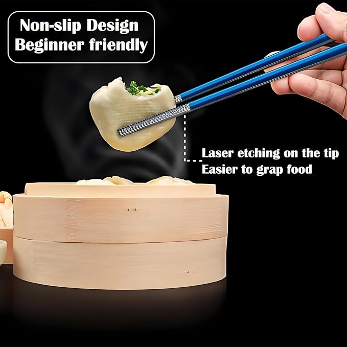 Metal Chopsticks Reusable 1 Pair Stainless Steel Travel Chopsticks Dishwasher Safe Square Lightweight Non-Slip Chop Sticks with case(Blue)