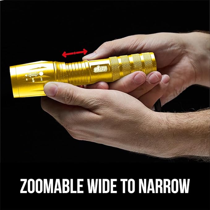 GORILLA GRIP Powerful LED Tactical Flashlight, 750 FT High Lumens 5 Adjustable Modes, Water Resistant, Ultra Bright Zoom Flashlights, Small Mini Flash Light, Camping, Night Dog Walking, 2 Pack Gold