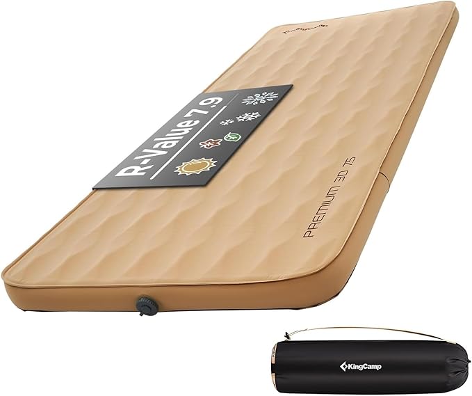 KingCamp Self Inflating Sleeping Pad, R 7.9 Air & Foam Sleeping Pad for Camping, 3" Thick Single Camping Mattress with 3D Sidewalls & Wave Surface Cut for Outdoor Tent Cot Car, PVC Free (Khaki)