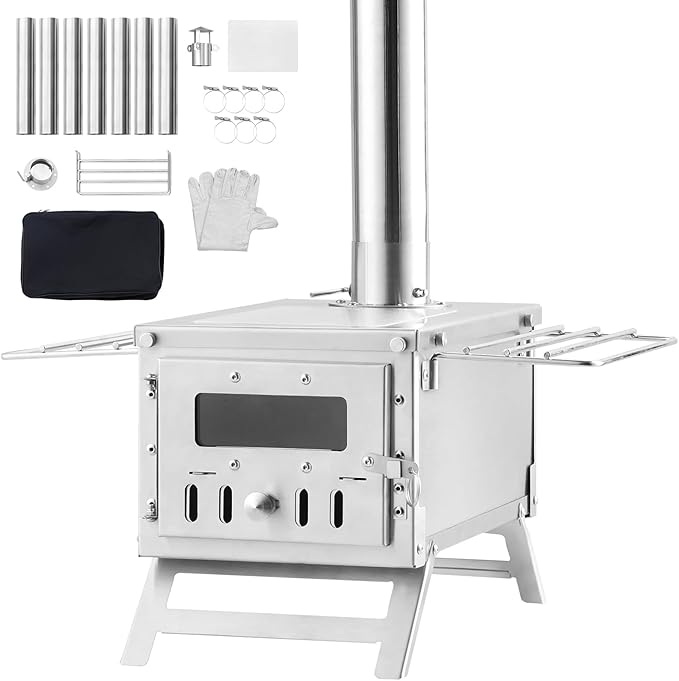 VEVOR Camping Wood Stove Stainless Steel Camping Tent Stove, Portable Wood Burning Stove with Chimney Pipes & Gloves, 700in³Firebox Hot Tent Stove for Outdoor Cooking and Heating with 8 Pipes