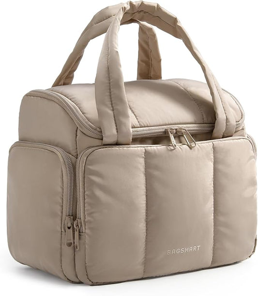 BAGSMART Toiletry Bag for Women with Dual-Padded Handles, Puffy Lightweight Makeup Bag for Makeup Accessories, Brushes Set, Travel-Sized Container, Camel