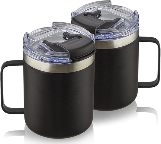 ALOUFEA 12oz Stainless Steel Insulated Coffee Mug with Handle, Double Wall Vacuum Tumbler Cup with Fliping Lid, Black, 2 Pack