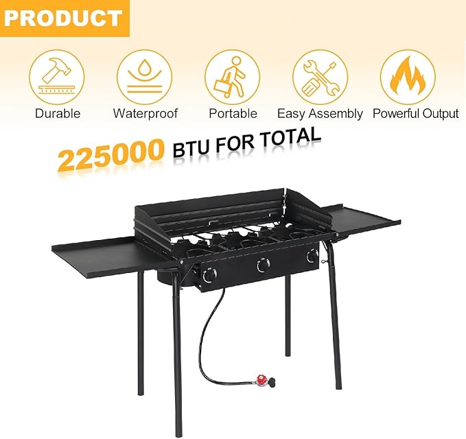 Bonnlo 3 Burners Propane Gas Stove, 225,000 BTU Portable Outdoor Camp Cooker Stove with Regulator, Side Shelves, Foldable Windpanel, Adjustable Height & Carrying Bag for Backyard, Camping, Tailgating