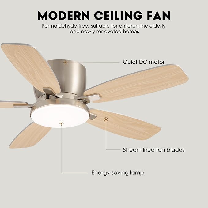 Ceiling Fans with Lights, 44" Low Profile Ceiling Fan with Light Remote Control, 6 Speed 35dB Ultra Quiet Smart Ceiling Fan with Reversible DC Motor, Dimmable 3CCT LED for Bedroom/Living Room