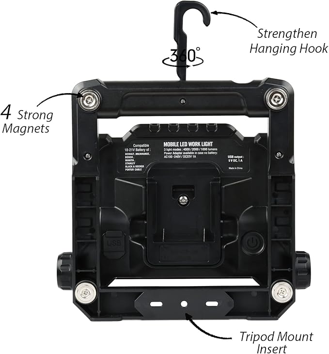 4000Lumens Work Flood Light Cordless Portable Rechargeable Led Work Lights with Magnet for Mechanic, Compatible with Dewalt 20v, Milwaukee,Makita 18v m18 Lithium Tool Battery, Black