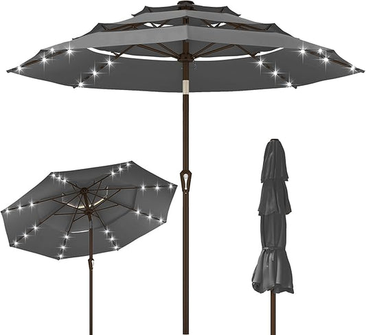 Kingdura 9ft 3-Tier Patio Umbrella with Solar Lights, Table Umbrella Outdoor Patio with Easy Crank & Tilt, 8 Sturdy Ribs, UV Protection, 32 LED Lights for Deck, Poolside, Market (Grey)