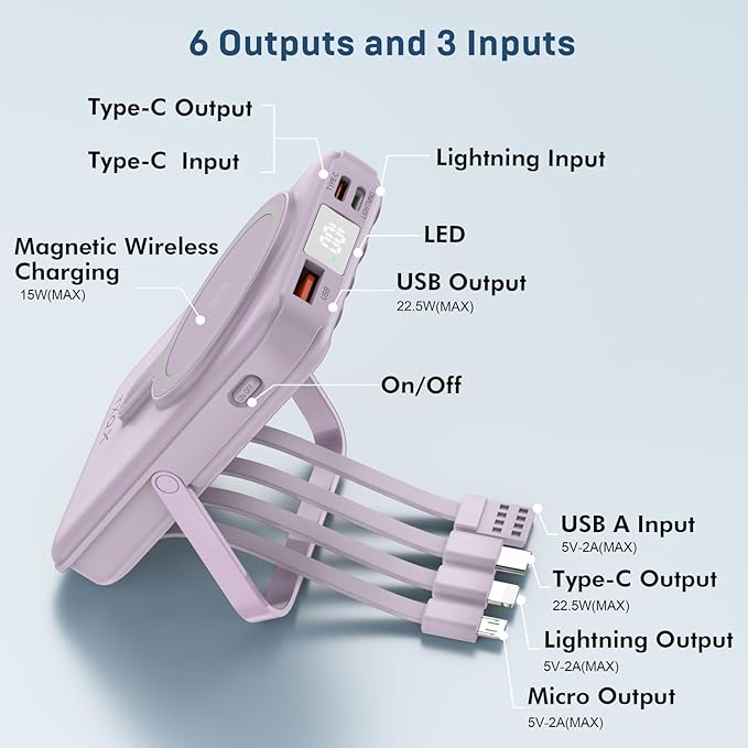 Wireless Portable Charger 10000mAh,Magnetic Power Bank with Built-in Cables LED Display,22.5W PD Fast Charging for Magsafe Battery Pack Compatible with iPhone16/15/14/13/12/Pro/Pro Max(Purple)