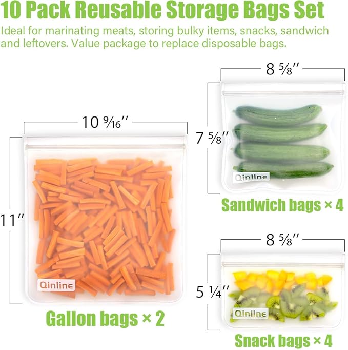 Reusable Food Storage Bags - 10 Pack Freezer Bags, Reusable Bags Silicone, Extra Thick Leakproof Reusable Lunch Bag for Salad Fruit Snack Travel - 2 Gallon 4 Sandwich 4 Snack Bags