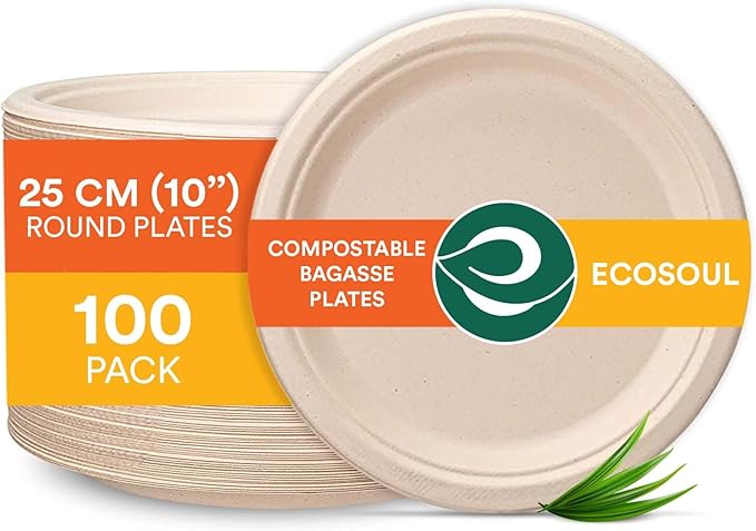 ECO SOUL 100% Compostable 10 Inch [100-Pack] Disposable Heavy Duty Eco-Friendly Dinner, Party, Wedding, Event Plates | Biodegradable Paper Plates