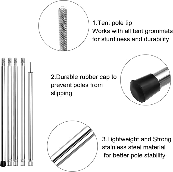 KOMCLUB Adjustable Tent Poles Telescoping Tarp Poles Camping Stainless Steel Lightweight Tarp Poles for Sun Sails Canopy Awning Shelter Bac