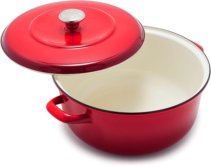 Merten & Storck 5.3QT Round Dutch Oven Casserole Pot with Lid, European Crafted Enameled Iron Stockpot, Induction & All Cooktops, Braising, Stews, Roasting, Slow Cooking, Sourdough, Foundry Red